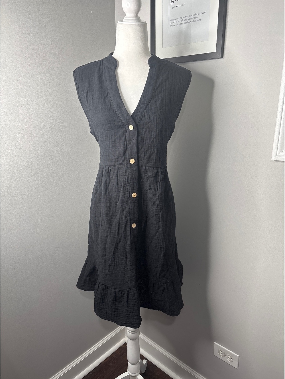 Cupshe Black Button-Front Cotton Dress XL